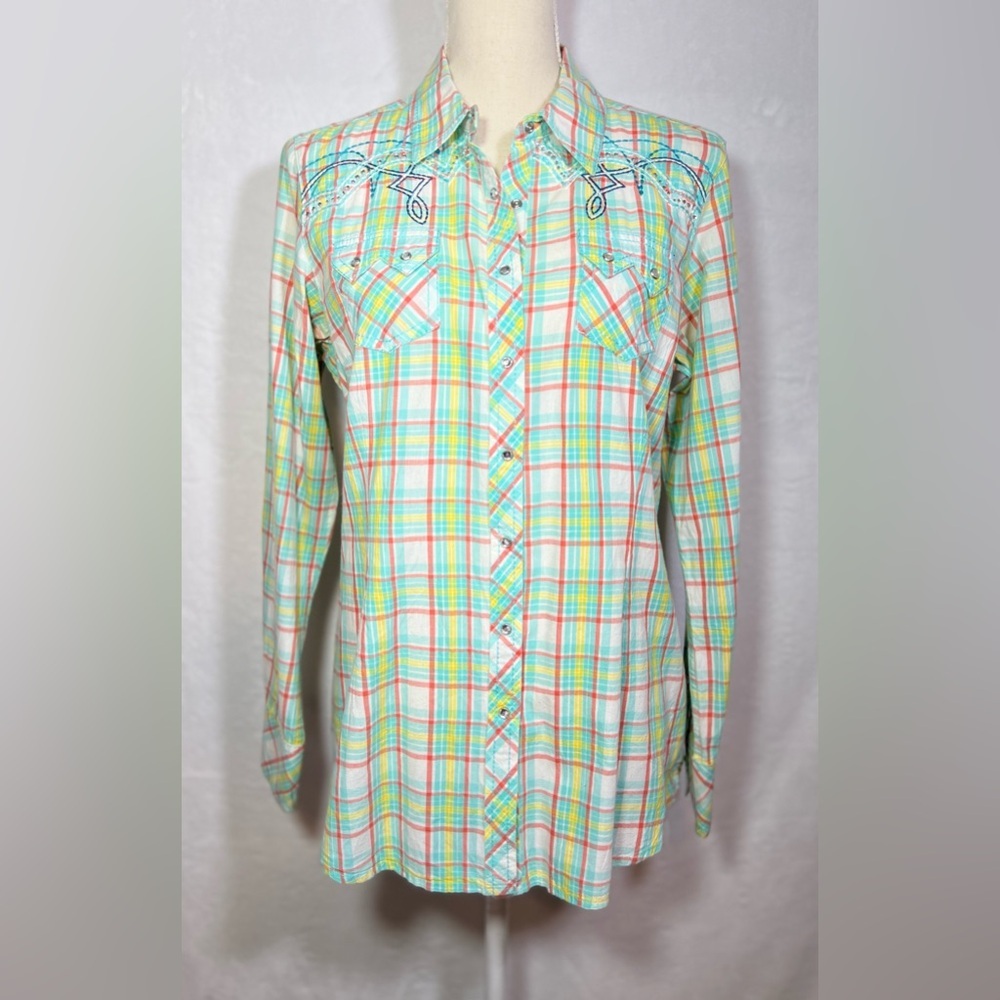 Ariat Plaid Snap Shirt L Western Pearl Snap Rhinestone Embroidered Multicolor - Picture 8 of 8